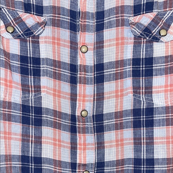 Plaid Button-Down Shirt in Blue and Peach - Picture 9 of 13
